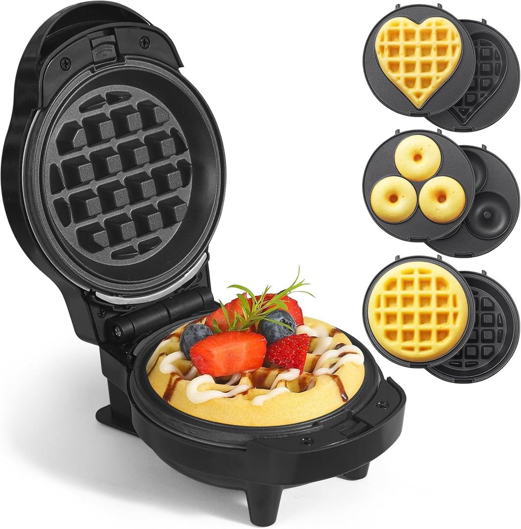 Mini Waffles Maker with 6 Removable Plates, 3 in 1 Small Waffle Maker Mini- Waffle, Heart Waffle, Donut, 4.5" Non Stick Waffle Iron for Kids and Families, Black