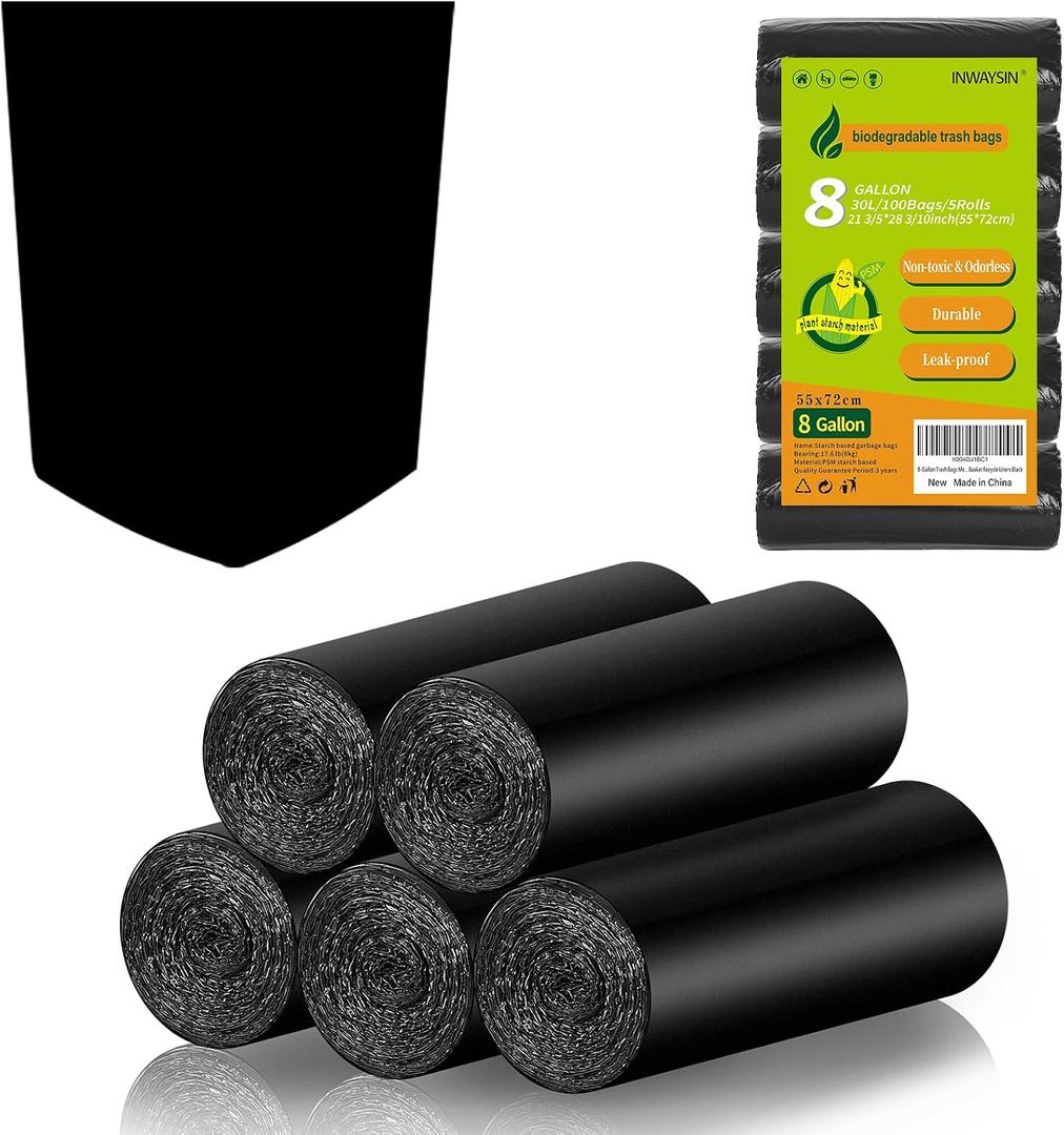 Biodegradable Trash Bags 8 Gallon Black - Medium Garbage Bags 8-10 Gallon Tall Kitchen Compostable Unscented 100 Count Recycling Strong Thick Office Waste Basket Liners Bulk Inwaysin
