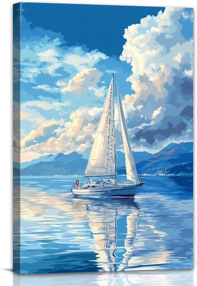 Ocean Canvas Wall Art Sea Sailboat Picture Prints Abstract Seascape Paintings for Living Room Bedroom Office Bathroom Decor Framed(Ocean-5,16.00" x 24.00")