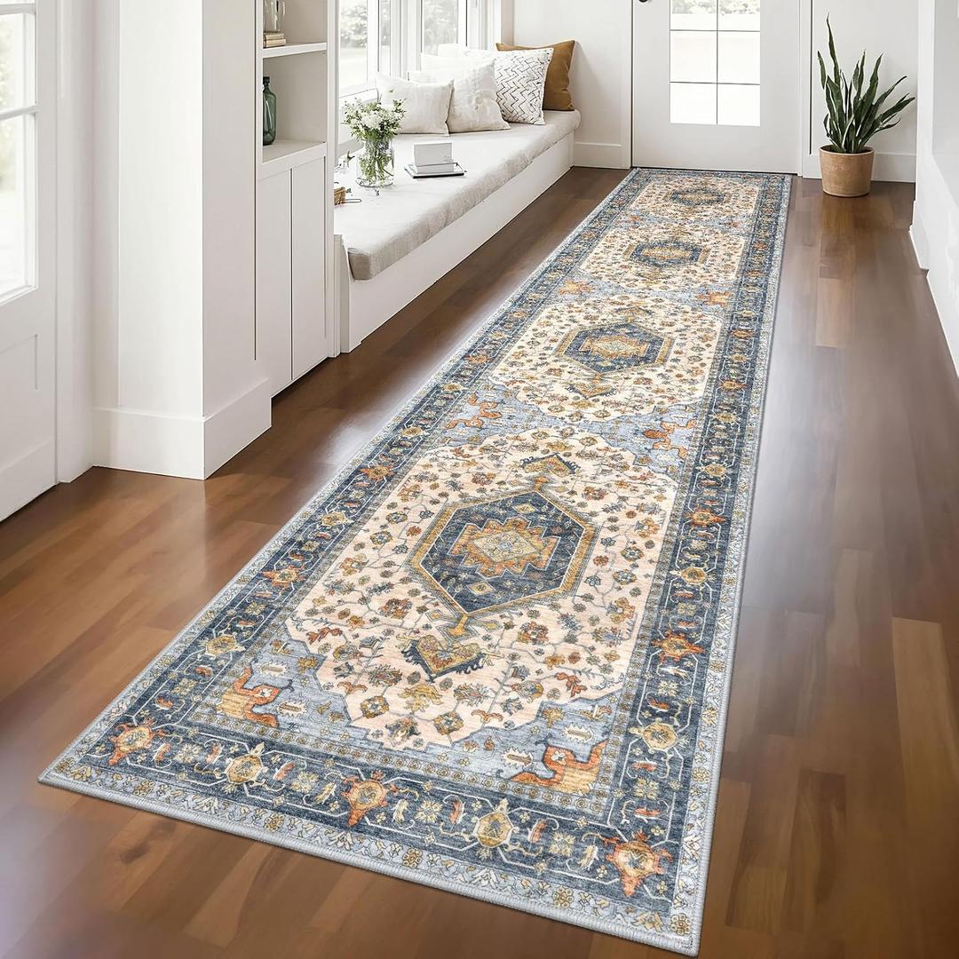 KUTA Vintage Washable Runner Rug 2.6x12, Non-Slip Hallway Kitchen Runners Ivory Blue White with Rubber Backing, Soft Printed Modern Medallion Extra Long 12ft Carpet Rugs Indoor for Bedroom