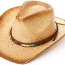 Comhats Western Style Round Cowboy Straw Hat Ladies Fedora Chin Cord Vegan Leather Band Shapeable Brim Beach Cowgirl (Large, 00724_natural)