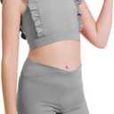 Girls 2 Piece Outfits Athletic Ruffle V Crossover High Waisted Dance Shorts with Training Bra Crop Tank 3-10Years (4-5T, Grey)