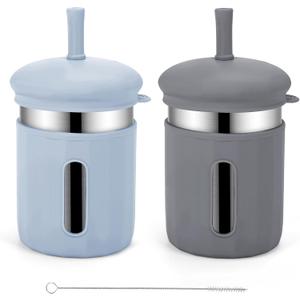Stainless Steel Kids Cups, 12.51 oz Toddler Tumbler with Straws and Lids, Spill-Proof Baby Smoothie Cup with Silicone Sleeve, Versatile 2-in-1 Drinking Snack Cups for Kids (Gray+Blue)