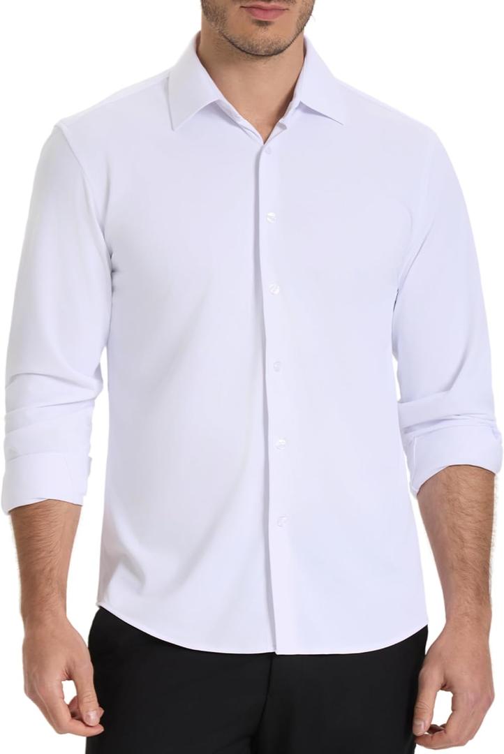 Mens Dress Shirt Wrinkle Free Knit Button Down Shirt Long Sleeve Business Shirt (XX-Large, White)