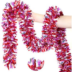 50Ft Valentine's Day Decorations, Valentines Tinsel Garland Red Pink Silver Shiny Metallic Garland for Home Tree Mantel Fireplace Stairs Outdoor Indoor Galentine's Day Decorations