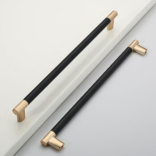 Coinkoly 10 Pack 10''(254mm Hole to Hole) Black and Gold Cabinet Pulls, Knurled Brushed Gold & Matte Black Cabinet Handles for Kitchen Drawers, Vanity, Dresser - Heavy Duty Zinc Alloy Hardware