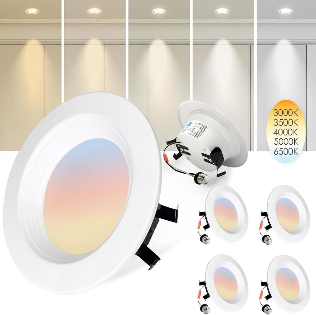 4 LED Recessed Lighting 4 Pack, 5CCT Ultra-Thin Selectable Can Lights, 9W, 750LM Baffle Trim Downlight, Retrofit Installation Ceiling Light, ETL&FCC, Damp & Energy Star