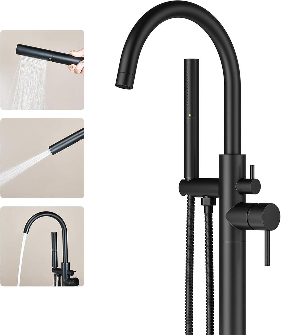 Freestanding Bathtub Faucet Matte Black Tub Filler Floor Mount Free Standing Metal Bathroom Tub Gooseneck Spout With 2 Function Hand Shower