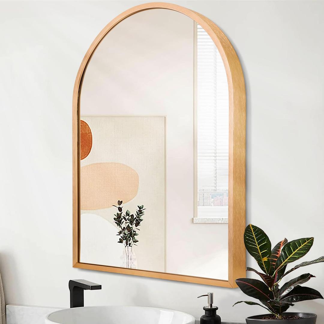 Arched Wall-Mounted Mirror Gold Arch Mirror Aluminum Alloy Frame Bathroom Mirror for Vanity Living Room, Bedroom, and Entryway 20"x16"