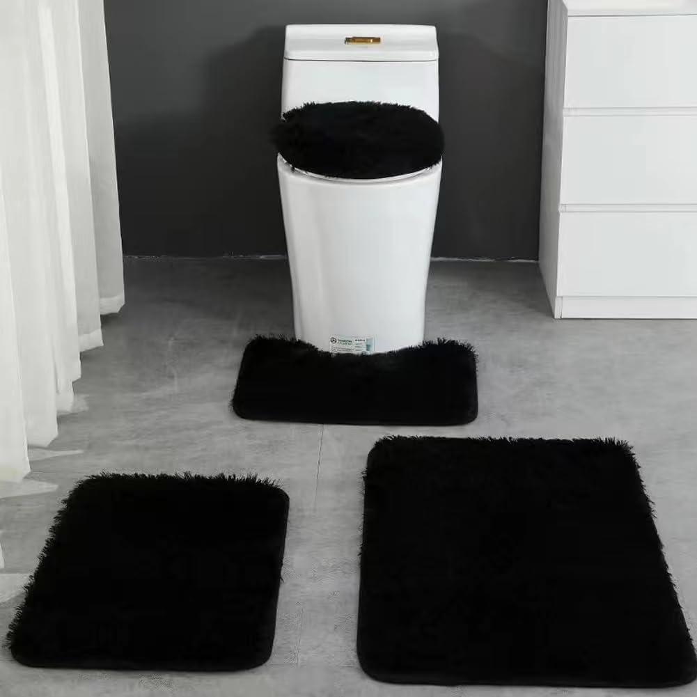 4 Piece Non Slip, Toilet Lid Cover and Contour Mat, Bath Mats Shower Mats Bath Rug Mat for Tub Toilet Bathroom (Black)
