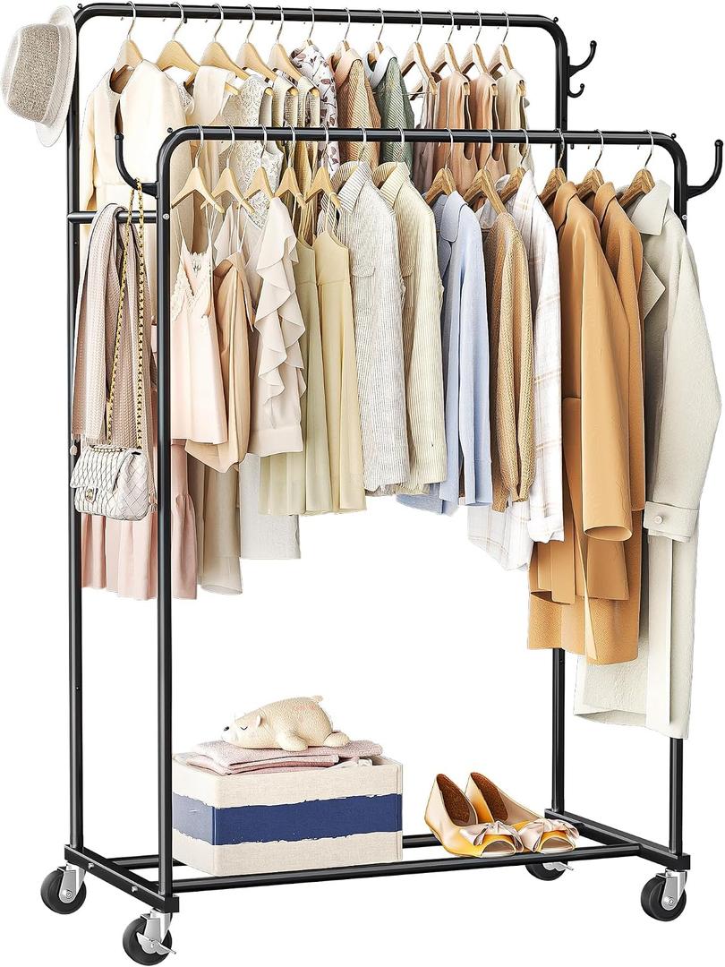 Clothes Rack, Rolling Clothing Rack with Double Rods for Hanging Clothes, Portable Garment Rack with Wheels, Metal Wardrobe Closet Organizer for Bedroom and Laundry Room, 16"D x 32"W x 60"H
