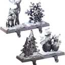 Cast Iron Christmas Stocking Holders for Mantel,Set of 4 Stocking Holder Set for Fireplace-Double Snowflake Snowman Reindeer Christmas Tree Stocking Hangers-Metal Fireplace Hooks (Set of 4 Black)