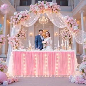14FT Pink Tulle Table Skirt for Rectangle Tables 2-Layer Ruffle Tulle Tutu Cloth Desk Table Skirt for Birthday Party Baby Shower Wedding Banquet Cake Dessert Decorations