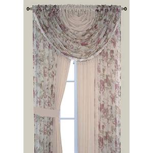 Sapphire Home Sheer Curtains - Two Tone 4 Panels Set w/Valance & Tiebacks, 55"x63", Lightweight Light-Filtering Window Curtain for Living Room, Bedroom, Kitchen, Dining Room - Floral Rose/Beige