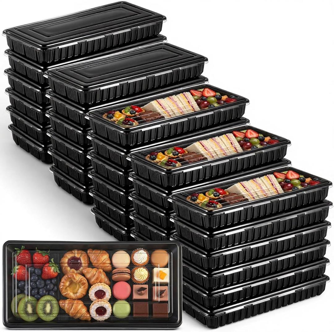 30 Pack Catering Trays with Lids 14 Inch Reusable Serving Tray with Lid Plastic Party Platters for Catering, Buffet, Takeout Food, Picnics & Events(14.17 x 6.29 x 2.16 Inch)