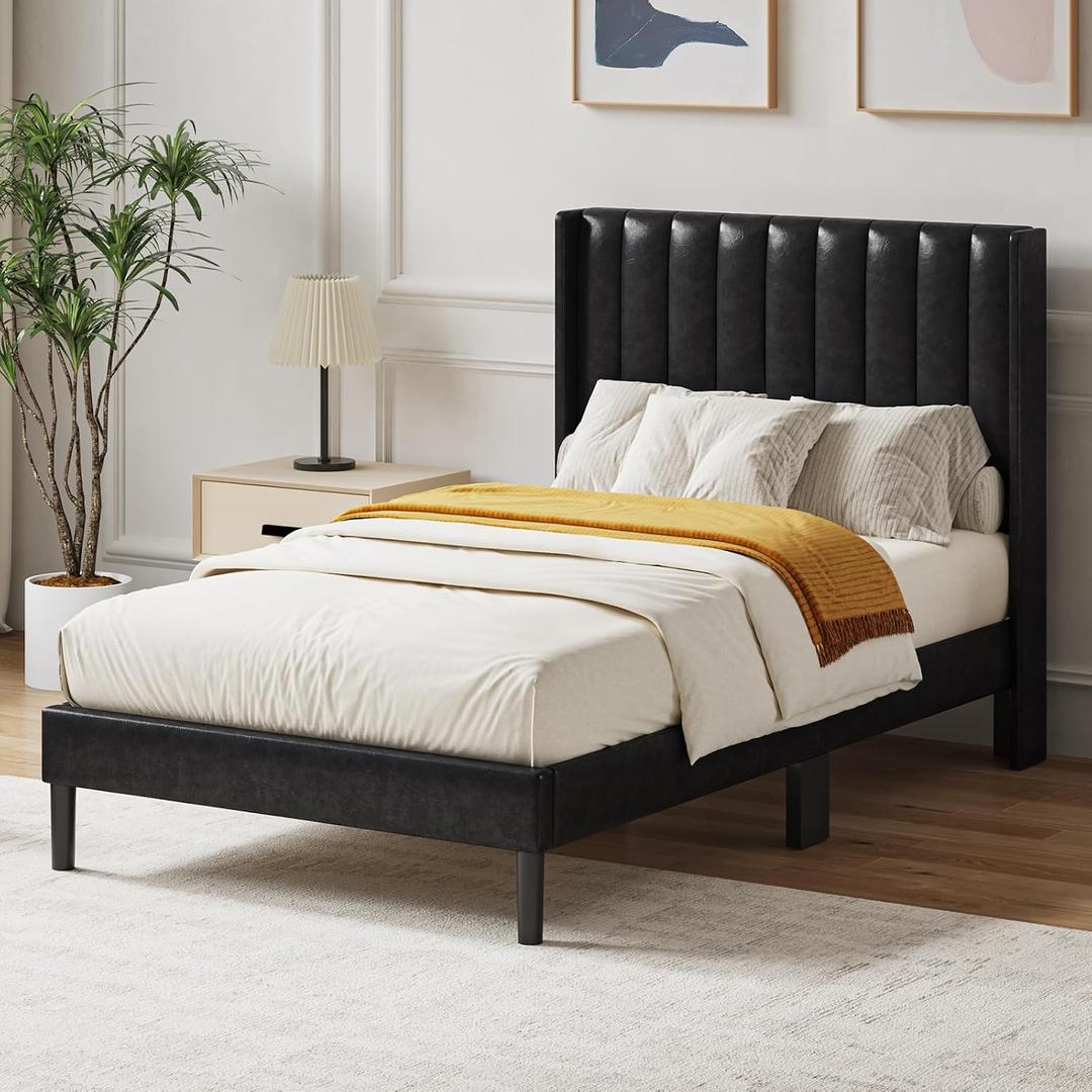 Twin Size Bed Frame with Upholstered Wingback Headboard, Modern PU Leather Upholstered Platform Bed with Wooden Slats, 500lbs High Weight Capacity, No Box Spring Needed, Easy Assembly, Black