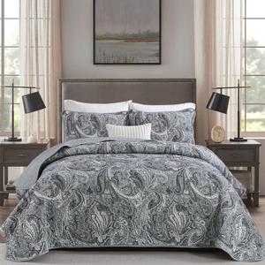 Gray Paisley Quilt Set King Size Boho Bedspread Coverlet Set 3 Pieces, Soft Lightweight Microfiber Vintage Dark Grey Paisley Floral Pattern Bedding for All Season, 110''x90''