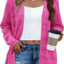 Halife Women's Crochet Cardigan Sweaters Lightweight Thin Long Sleeve Open Front Kimono Cardigans (Pink), Small