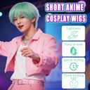 Light Green Wig Men Short Green Wigs Fluffy Cyan Green Cosplay Wig Animated Characters for Cosplay Costume Outfit Halloween Dance Stage Party Daily Use + Hair Cap