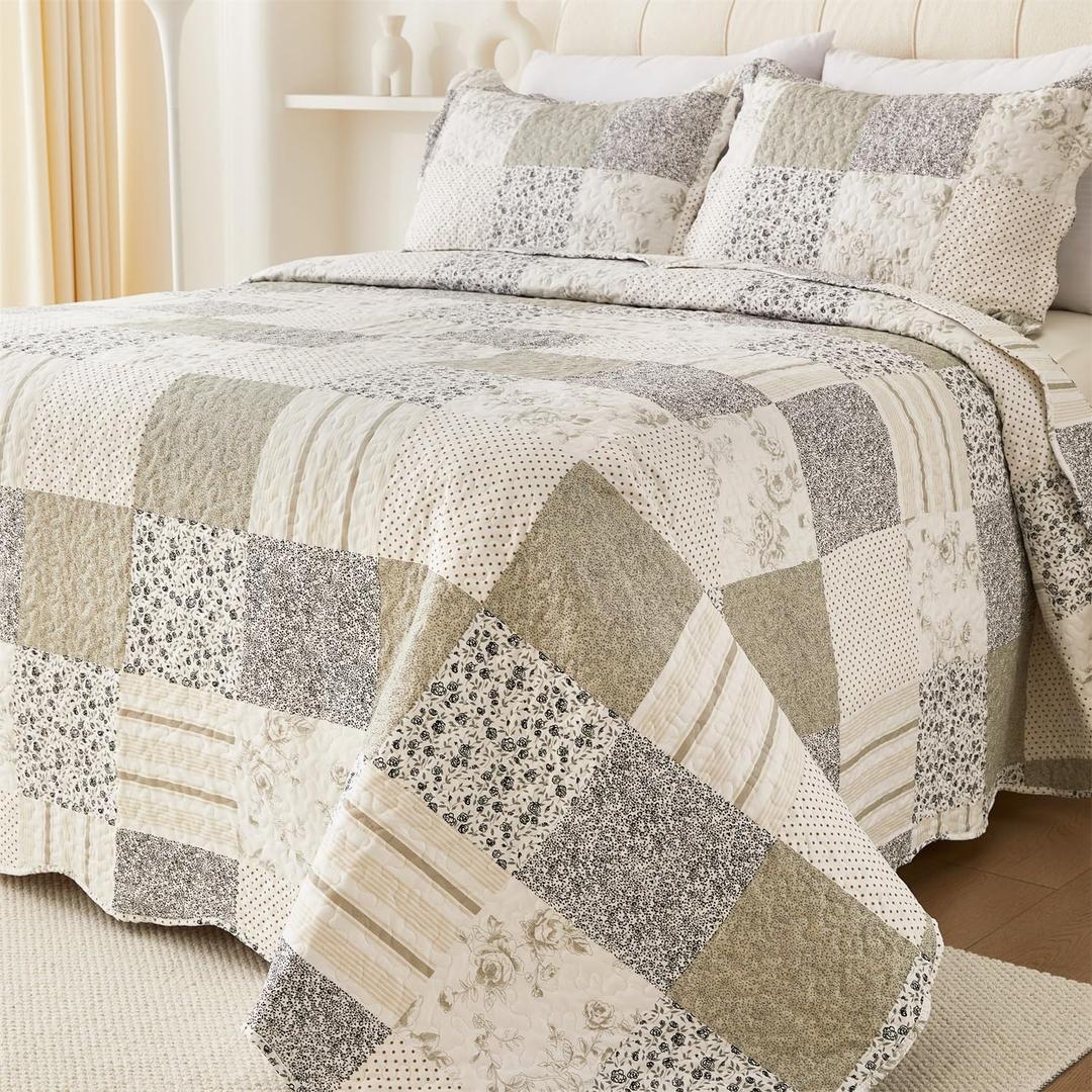 Cmfshape Summer Floral King Quilt Set,Grey Patchwork Quilts King,Reversible Quilted Bedspread with 2 Shams, Vintage Farmhouse Coverlet(Grey, King102 x90)