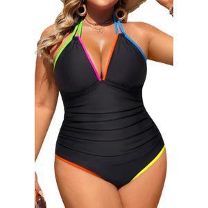 Aqua Eve Plus Size Swimsuits One Piece Bathing Suit for Women Tummy Control Sexy Halter Swimwear Colorful Black 20W