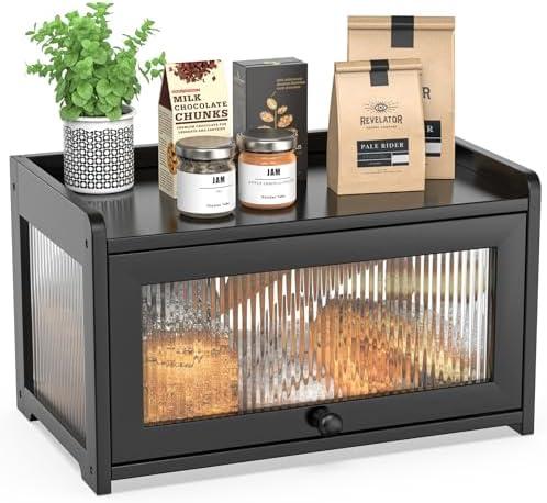 BAMBANG Bamboo Bread Box for Kitchen Countertop, Extra Large Farmhouse Bread Box with 4-Side Clear Panels, Wooden Bread Storage Container for Homemade Bread, Black