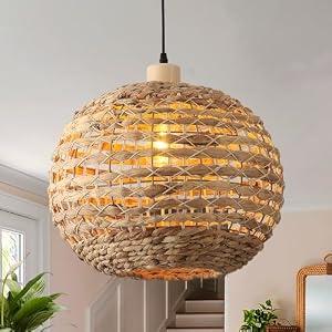 Mgcanyu Boho Pendant Lights Kitchen Island Rattan Lights Fixture for Dining Room 15.8" Hand-Woven Chandelier Weaving Hanging Ceiling Light for Restaurant Living Room Bedroom Foyer Hallway