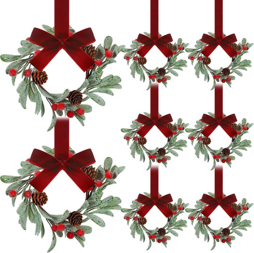 8 Pcs Christmas Mini Wreaths for Cabinet 8 Inch Flocked Mistletoe Wreath with Bow Artificial Berries Pinecones for Christmas Holiday Kitchen Cabinet Window Chair Decor(Red)