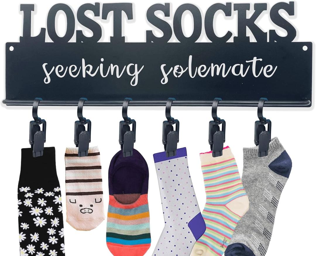 Lost Socks Laundry Sign, Farmhouse Laundry Room Decor and Accessories, Metal Laundry Room Organization with 6 Clips, Lost Sock Sign Wall Decor,13.44.5 inches, Black