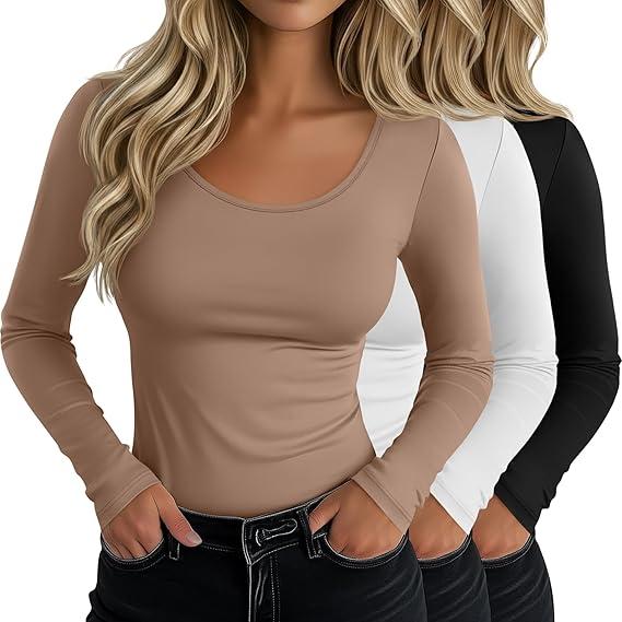 Neer 3 Pack Women's Long Sleeve T-Shirts Scoop Neck Slim Fitted Tops Stretchy Tight Casual Tees Basic Fall 2025 Shirts S