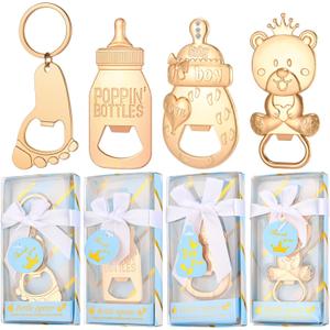 24 Pcs Baby Bottle Opener, Popping Boy Bear Footprint Keychain Bottle Openers with Blue Gift Box, Baby Shower Party Favors for Guests, Wedding Return Gift Souvenirs Theme Decoration Supplies