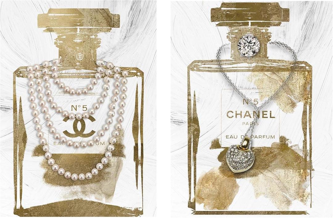 2 Pieces Vintage Perfume Bottle Wall Art Gold Canvas Pictures Wall Decor Modern Luxury Fashion Posters Print Glam Artwork Picture for Bedroom Make up Room Home Decor 12"x16"(30x40cm)
