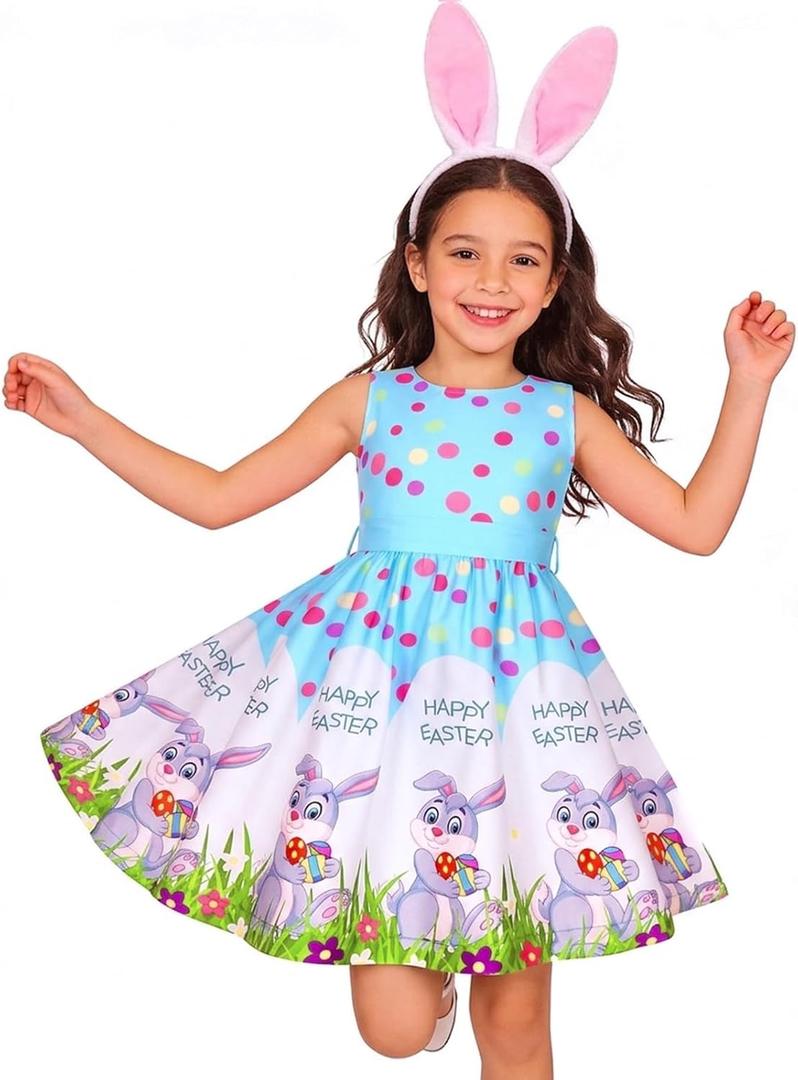 Gorkonpy Easter Dresses for Girls Toddlers Kids Bunny Flower Dress for Spring Party (Blue)