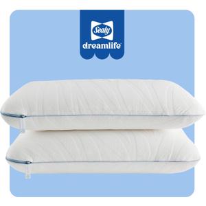SEALY Dreamlife Queen Size Memory Foam Cooling Surface Guard Technology, Removable Machine-Washable Cover, White (2 Pack) Pillow, 2 Count