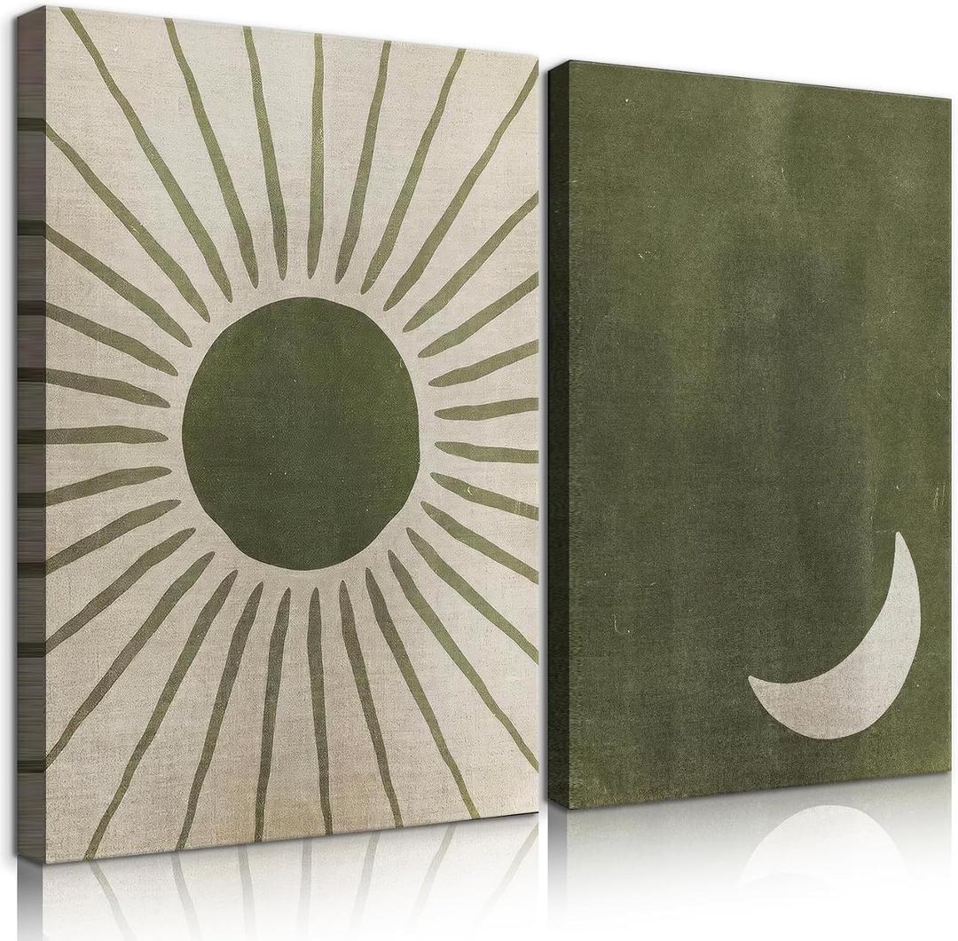 2 Pces Boho Moon Canvas Wall Art Green Abstract Mid-Century Sun Wall Decor Simple Picture Poster Prints for Living Room Bedroom Home Decor Ready to Hang (16x24 Inch), 16L" x 24W"