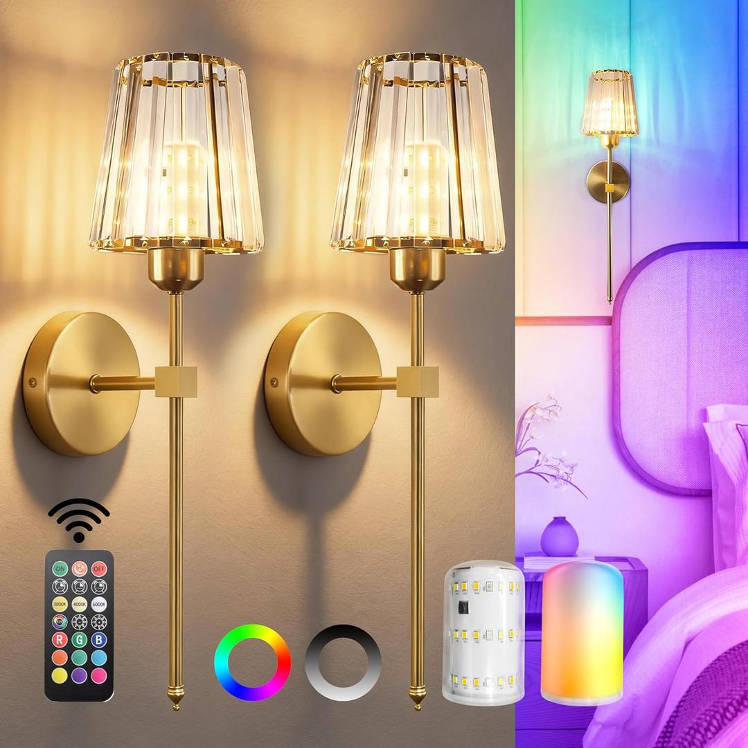 FNHMSL Battery Operated Crystal Wall Sconces Set of 2, Gold Wireless Wall Sconces with LED Light Bulbs 12 Colors Dimmable Remote Crystal Wall Lamp for Bedroom Living Room Hallway, 2 Bulbs Included