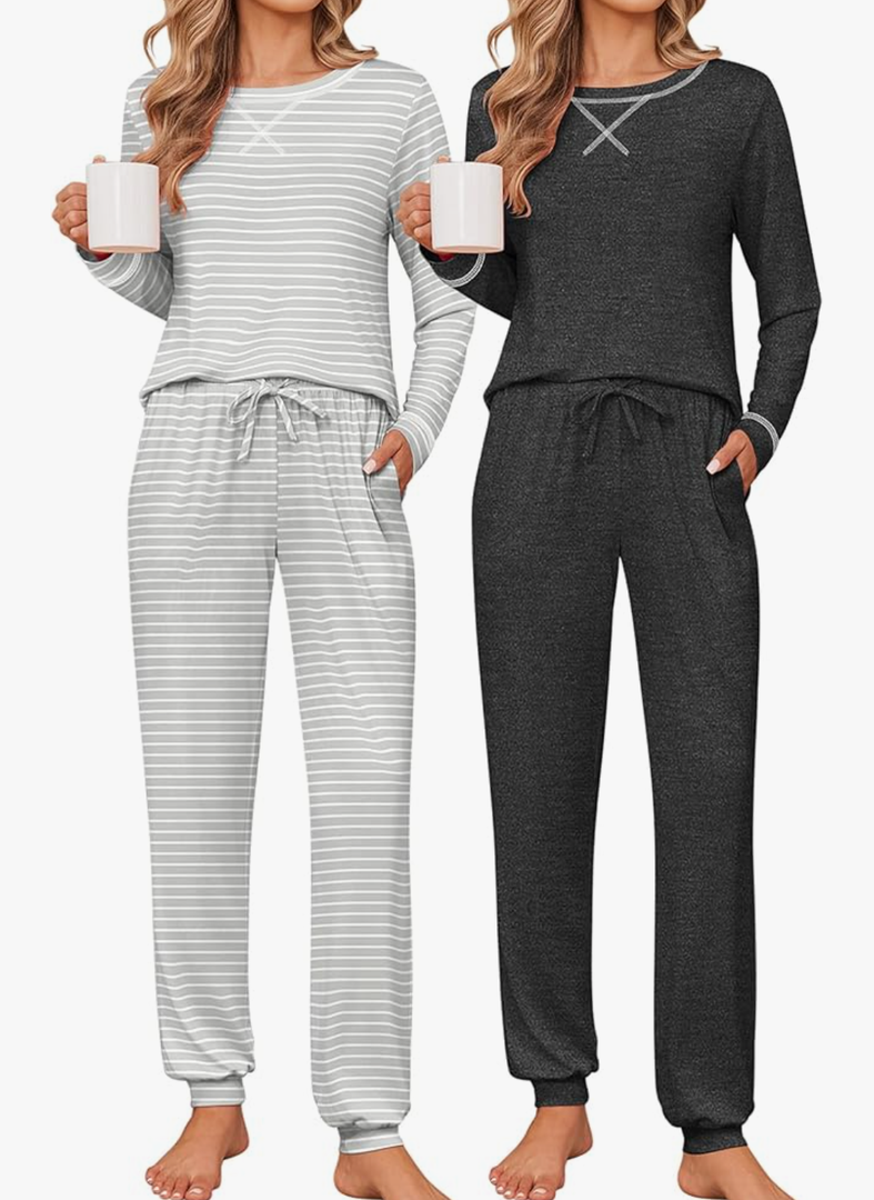 Ekouaer 2 Pack Pajama Sets for Womens Jogger Pants Pjs Long Sleeves Lounge Set Soft Sleepwear with Pockets, Size S