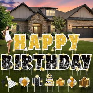 25 Pcs Extra Large 19.7 Inch Happy Birthday Yard Signs with Solar LED Light Black and Gold Birthday Lawn Signs with Metal Stakes Waterproof Outdoor Decorations for Garden Party