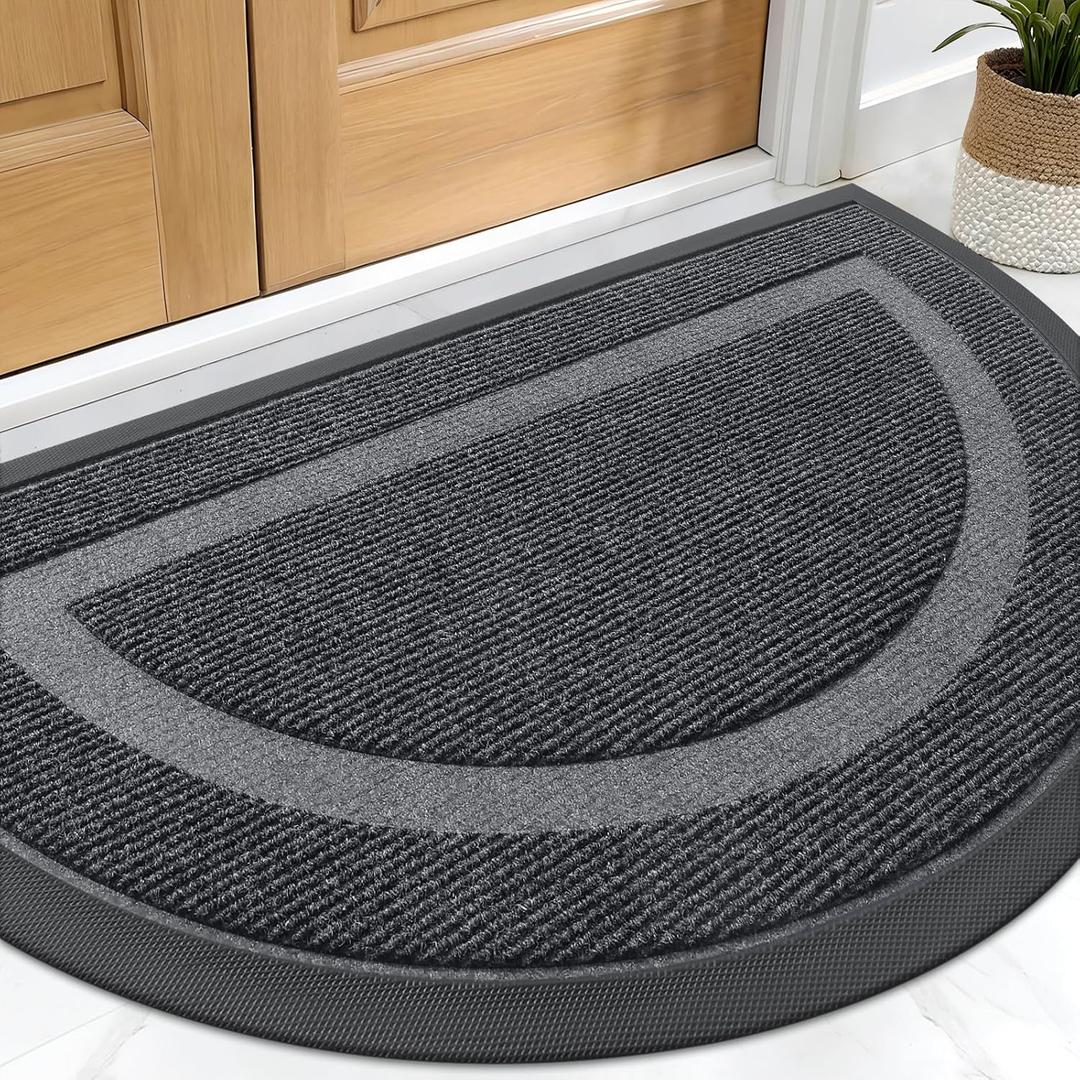 OLANLY Half Circle Door Mat Indoor Outdoor Entrance Welcome, Waterproof All-Season, All-Weather Doormat, Sturdy Natural Rubber, Low Profile, Easy Clean Patio Porch Entryway Mat, 29.5x17, Grey