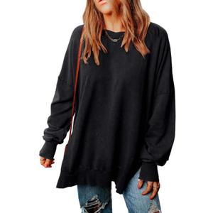 SHEWIN Sweatshirt for Women Loose Fit Casual Long Sleeve Lightweight Pullover Tops Loose Crewneck Sweatshirts Fall Outfits Women Trendy,US 8-10(M),Black