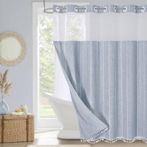 MitoVilla No Hooks Needed Farmhouse Shower Curtain with Snap-in Liner - with Window & Magnets, Boho Cotton Linen Fabric Shower Curtains with Tassels for Rustic Bathroom Decor, Blue, 72 x 74