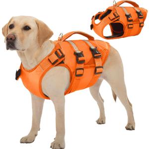 Kuoser Dog Life Jacket, High Flotation Dog Life Vest for Swimming Boating, Adjustable Ripstop Pet Lifesaver for Small Medium and Large Dogs, Reflective Safety Puppy Swimming Vest with Rescue Handle (XX-Large (Chest Girth:30.71-38.58''), A-Orange)