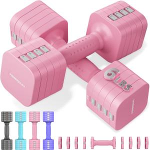 FEIERDUN 5-in-1 Adjustable Dumbbell Set of 2, 12LBS/6LBS Hand Weights for Women, Men, 1s-Adjust Dual-Stable Dumbbell Set for Women Home Gym & Outdoor (B-Cute Pink)