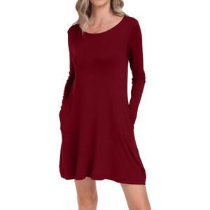 Women's Long Sleeve Pockets Casual Loose T-Shirt Dresses (Red, S)