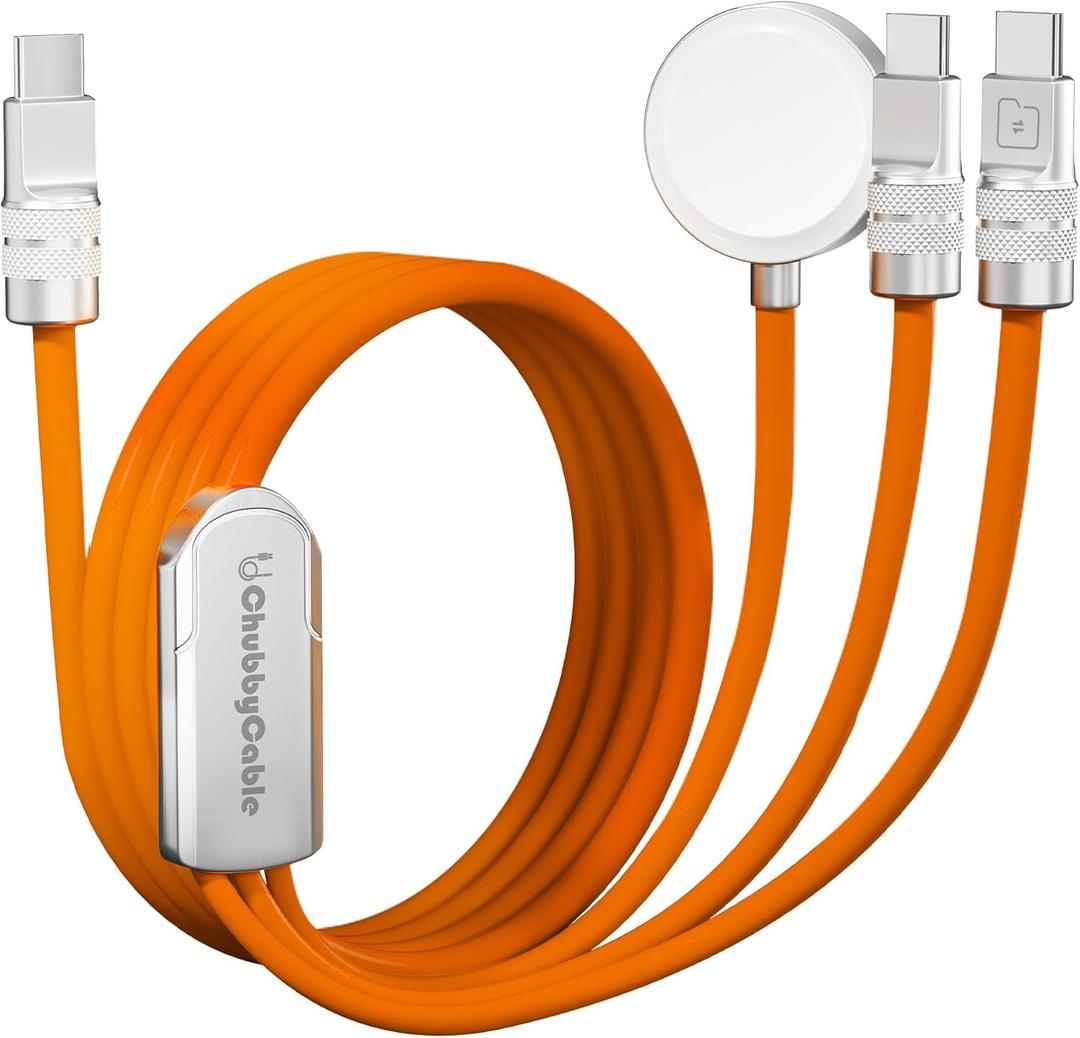 chubbycable Tri-Flex 3 in 1 USB C Cable for Apple Watch Charger Silicone 100W Multi Charging Cable Fast Charge Compatible with iPhone 17-15 Series iWatch iPad MacBook, 4.1FT, Orange