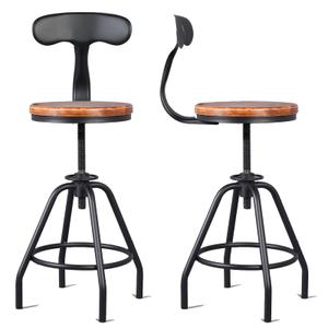 BOKKOLIK Set of 2 Vintage Bar Stools with Metal Backrest Swivel Wooden Seat Counter Height Adjustable 19.7-23.6inch for Kitchen Island Dining Chair Office Guest Stool