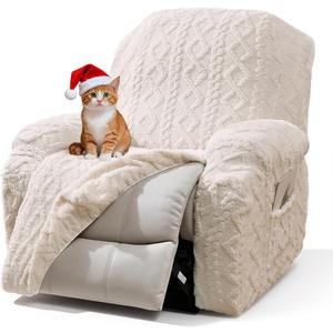Vctops 4 Pieces Geometric Jacquard Plush Recliner Slipcovers Soft Fuzzy Fluffy Sofa Couch Cover Anti-Slip Furniture Protector with Elastic Bottom for Kids Cats Dogs(Cream,1 Seat)
