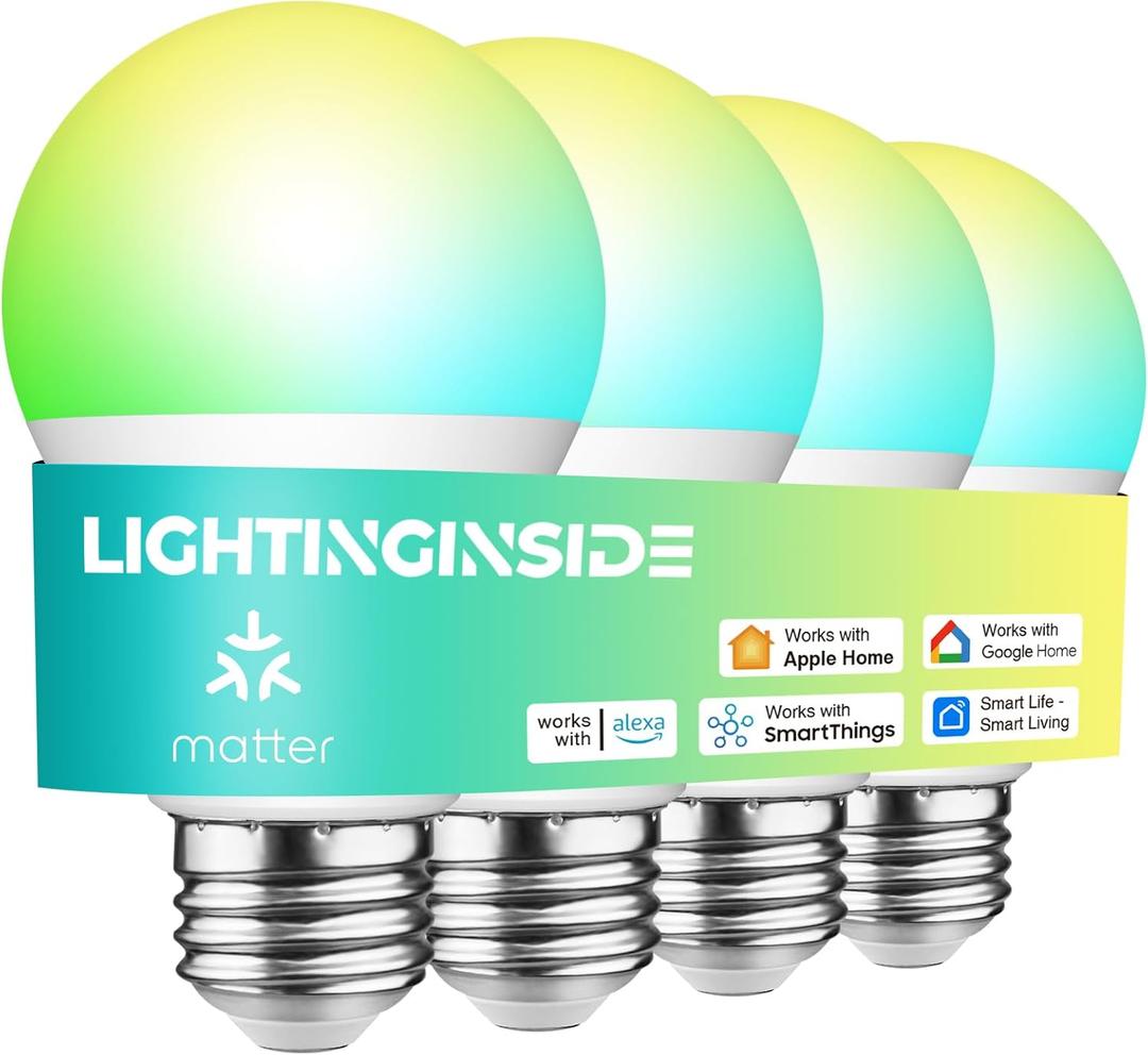 Lightinginside Matter Smart Light Bulbs Compatible with Alexa/Siri/Apple Home/Google Home/SmartThings, WiFi A19 E26 RGBCW Color Changing Light Bulb 800LM 9W 60W Equivalent, 2.4G WiFi, ETL Listed, 4PCS
