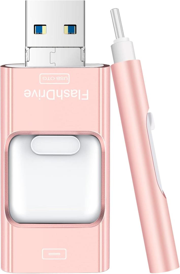 Flash Drive for iPhone 512GB, 4 in 1 USB Type C Memory Stick, Photo Stick External Storage Thumb Drive for iPhone iPad Android Computer, Rose Pink