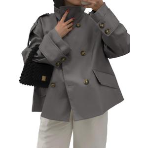 Tankaneo Womens Cropped Trench Coat Oversized Double Breasted Stand Collar Short Jacket Fall Casual Work Outerwear (Large, Dark Grey)